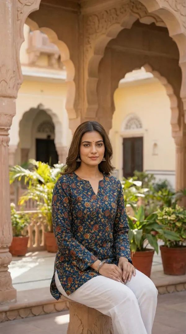 Blue_Hand_Block_Printed_Pure_Cotton_Short_Kurti_For_Women
