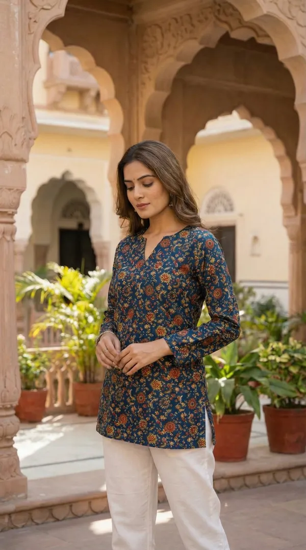 Blue_Hand_Block_Printed_Pure_Cotton_Short_Kurti_For_Women
