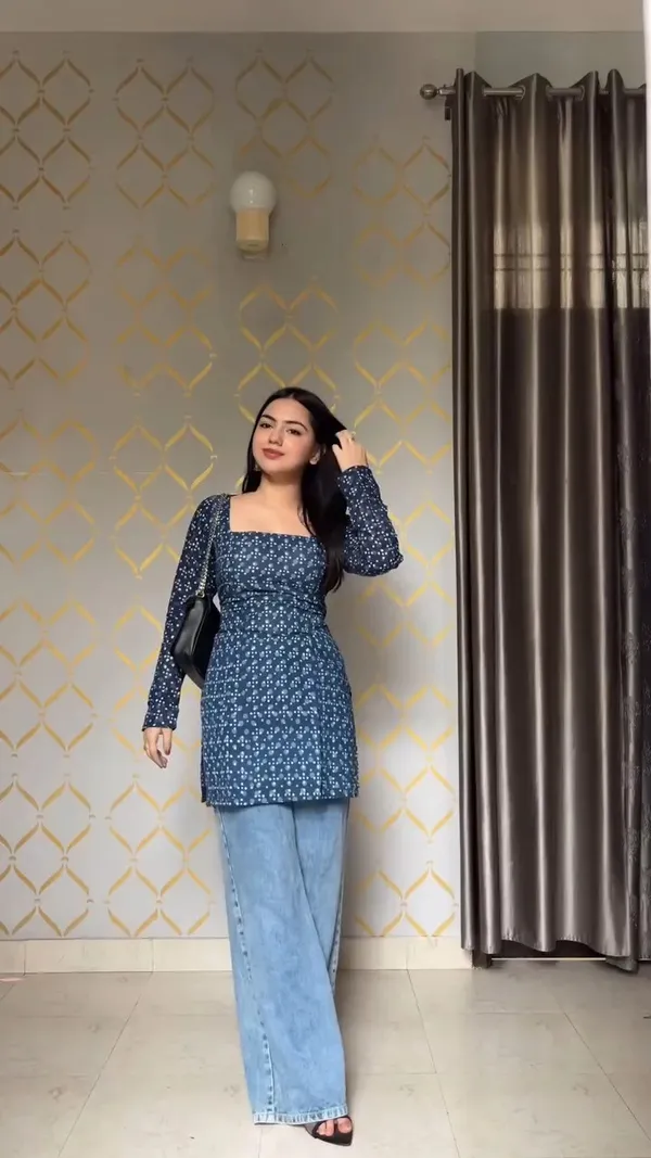 Blue_Hand_Block_Printed_Pure_Cotton_Short_Kurti_For_Women