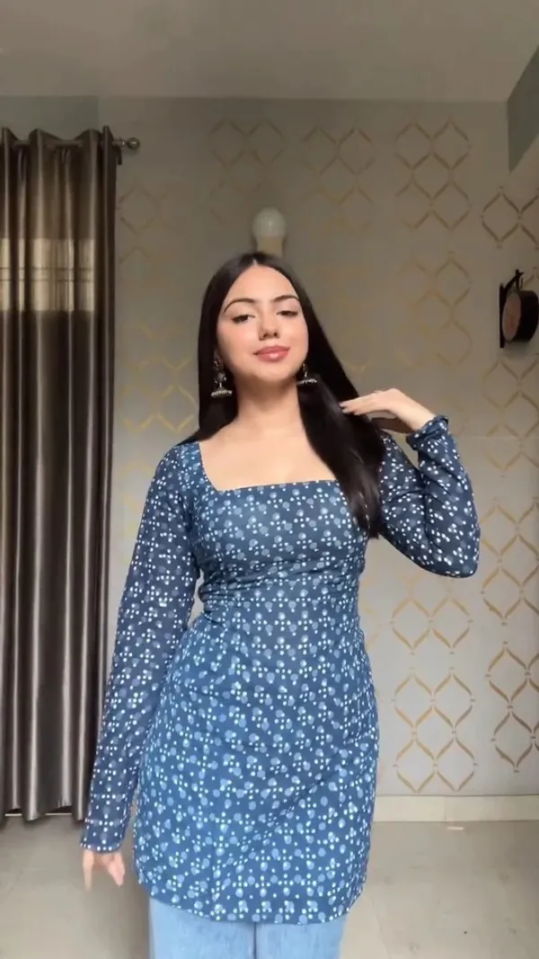 Blue_Hand_Block_Printed_Pure_Cotton_Short_Kurti_For_Women