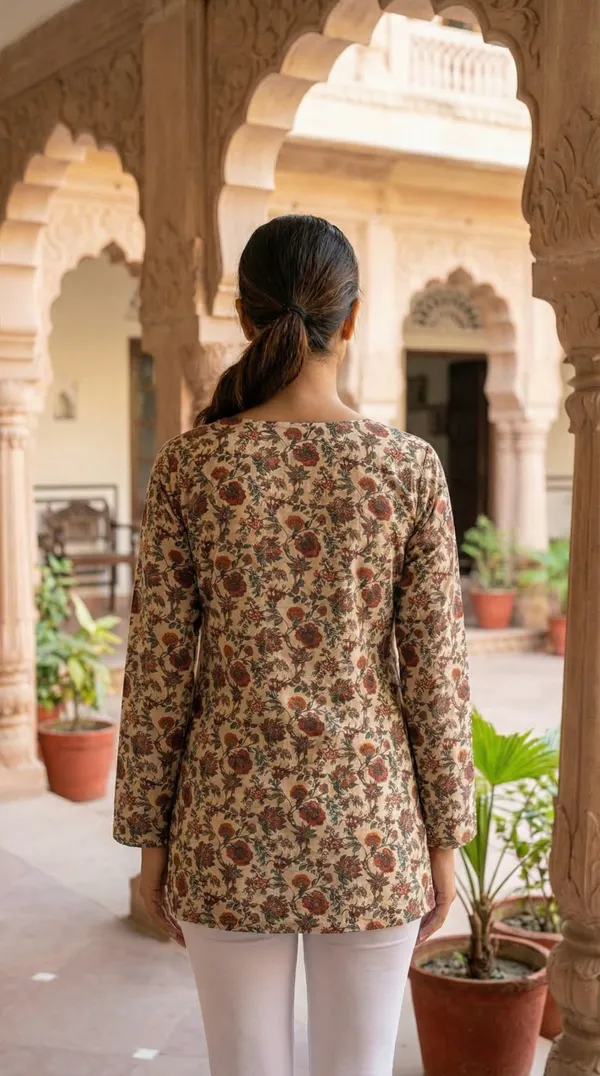 Cream_Hand_Block_Printed_Pure_Cotton_Short_Kurti_For_Women