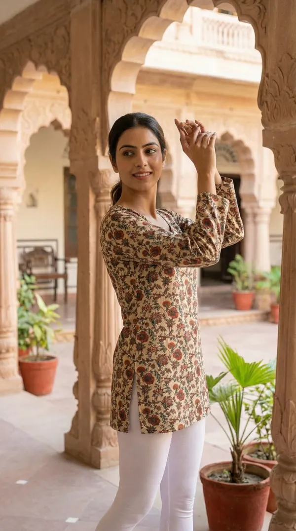Cream_Hand_Block_Printed_Pure_Cotton_Short_Kurti_For_Women