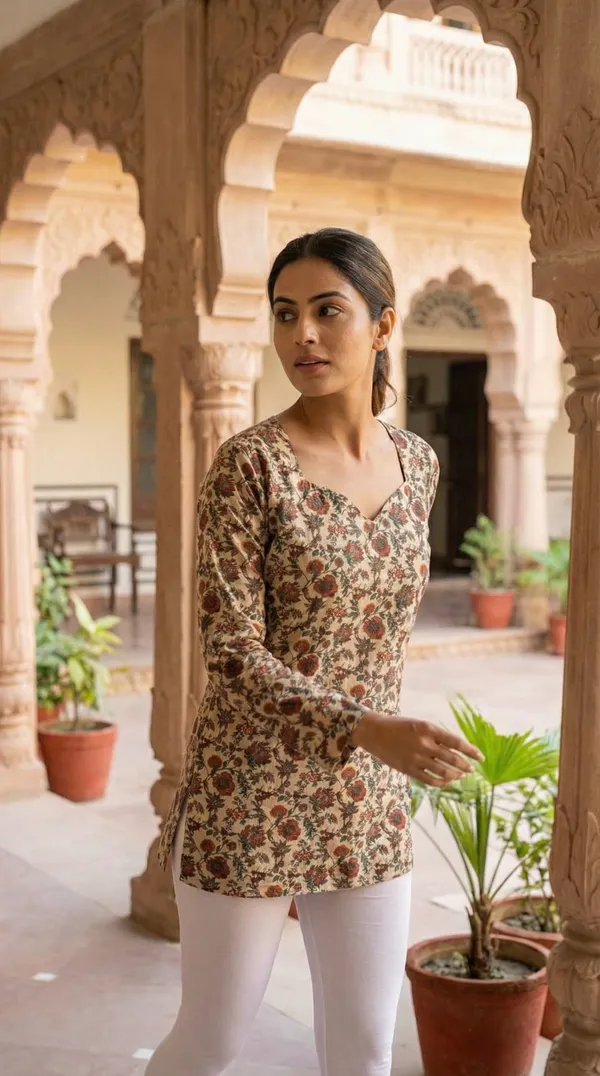 Cream_Hand_Block_Printed_Pure_Cotton_Short_Kurti_For_Women