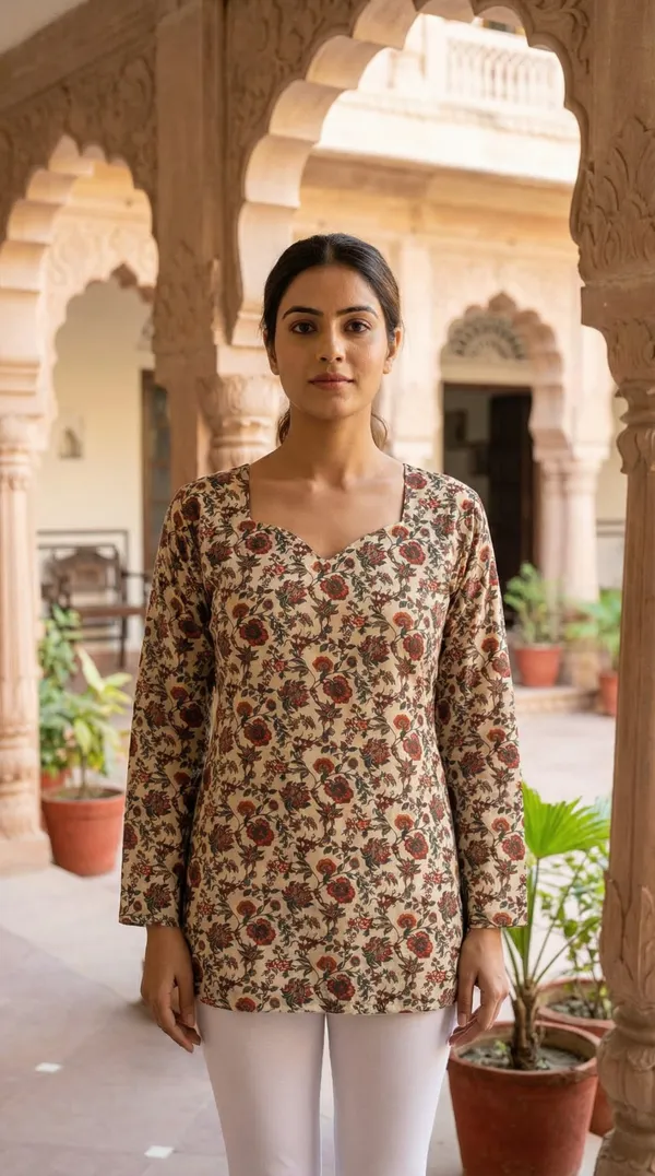 Cream_Hand_Block_Printed_Pure_Cotton_Short_Kurti_For_Women