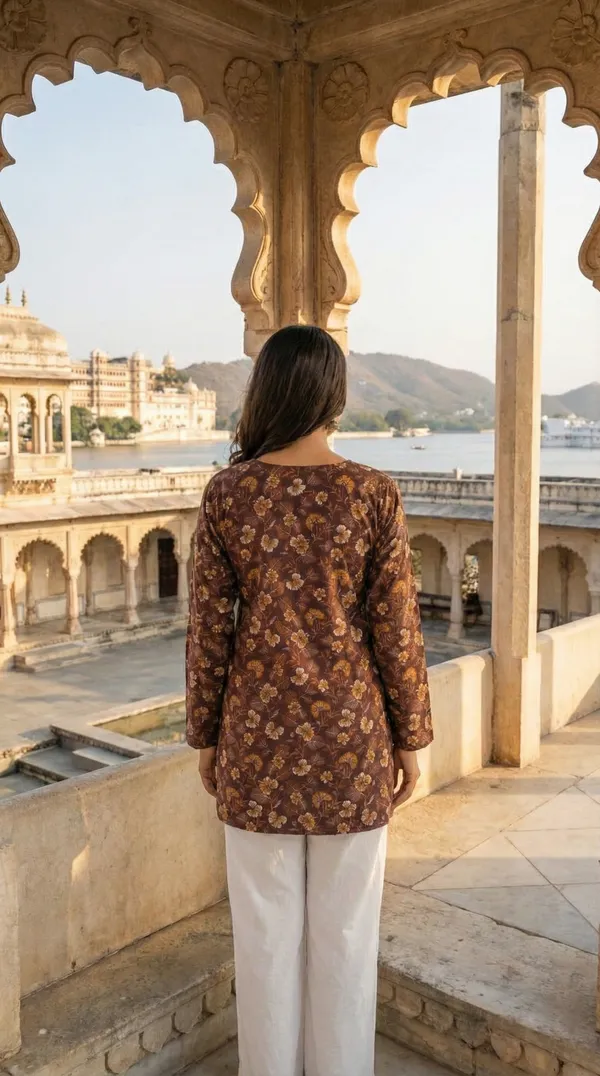 Brown_Hand_Block_Printed_Pure_Cotton_Short_Kurti_For_Women