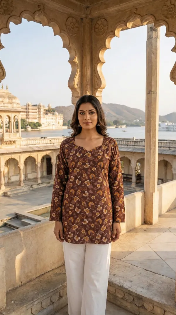 Brown_Hand_Block_Printed_Pure_Cotton_Short_Kurti_For_Women