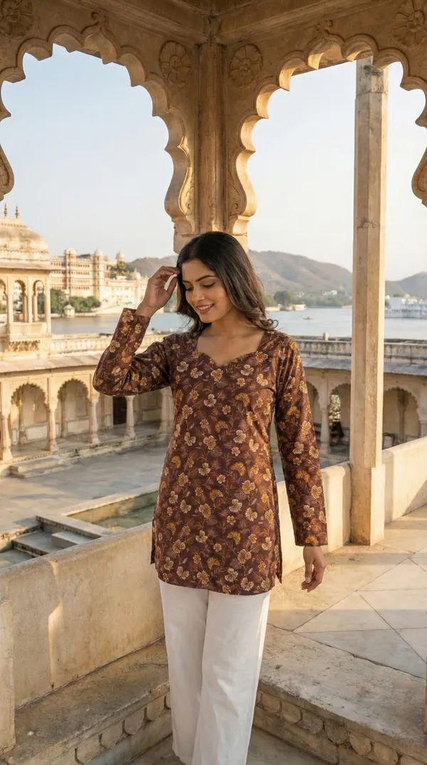 Brown_Hand_Block_Printed_Pure_Cotton_Short_Kurti_For_Women