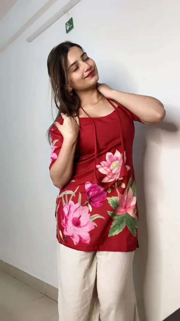 Red_Hand_Block_Printed_Pure_Cotton_Short_Kurti_For_Women