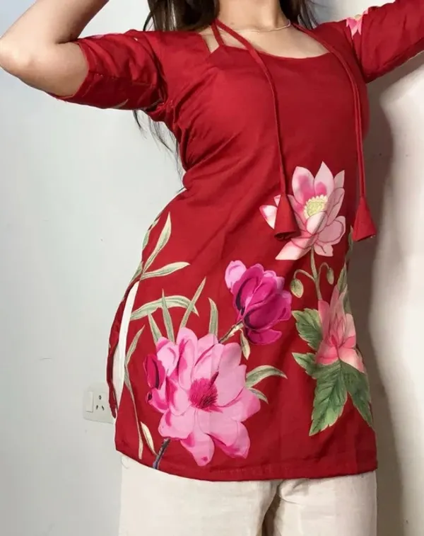Red_Hand_Block_Printed_Pure_Cotton_Short_Kurti_For_Women