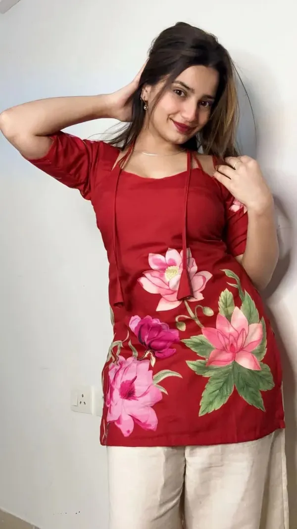 Red_Hand_Block_Printed_Pure_Cotton_Short_Kurti_For_Women