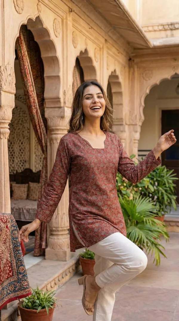 Maroon_Block_Printed_Pure_Cotton_Short_Kurti_For_Women