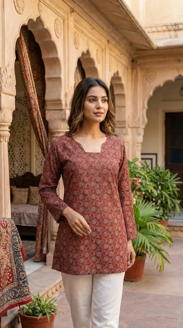 Maroon_Block_Printed_Pure_Cotton_Short_Kurti_For_Women