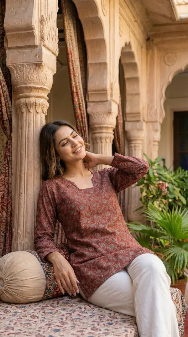 Maroon_Block_Printed_Pure_Cotton_Short_Kurti_For_Women