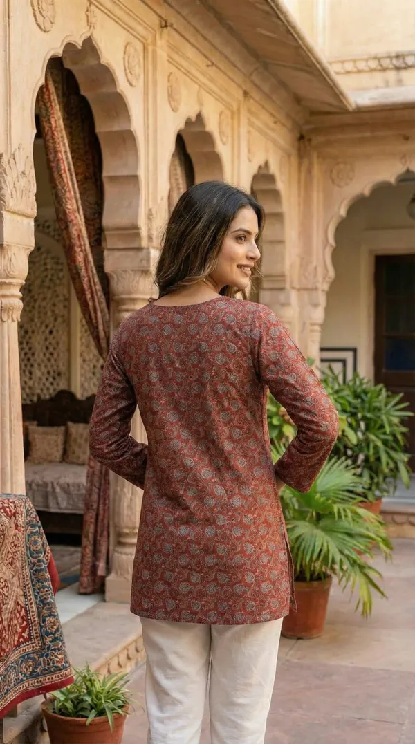 Maroon_Block_Printed_Pure_Cotton_Short_Kurti_For_Women