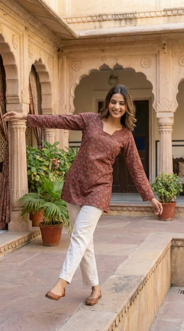 Maroon_Block_Printed_Pure_Cotton_Short_Kurti_For_Women