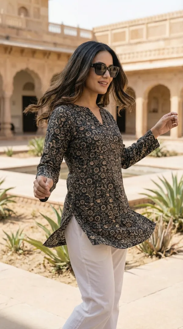 Black_Hand_Block_Printed_Pure_Cotton_Short_Kurti_For_Women