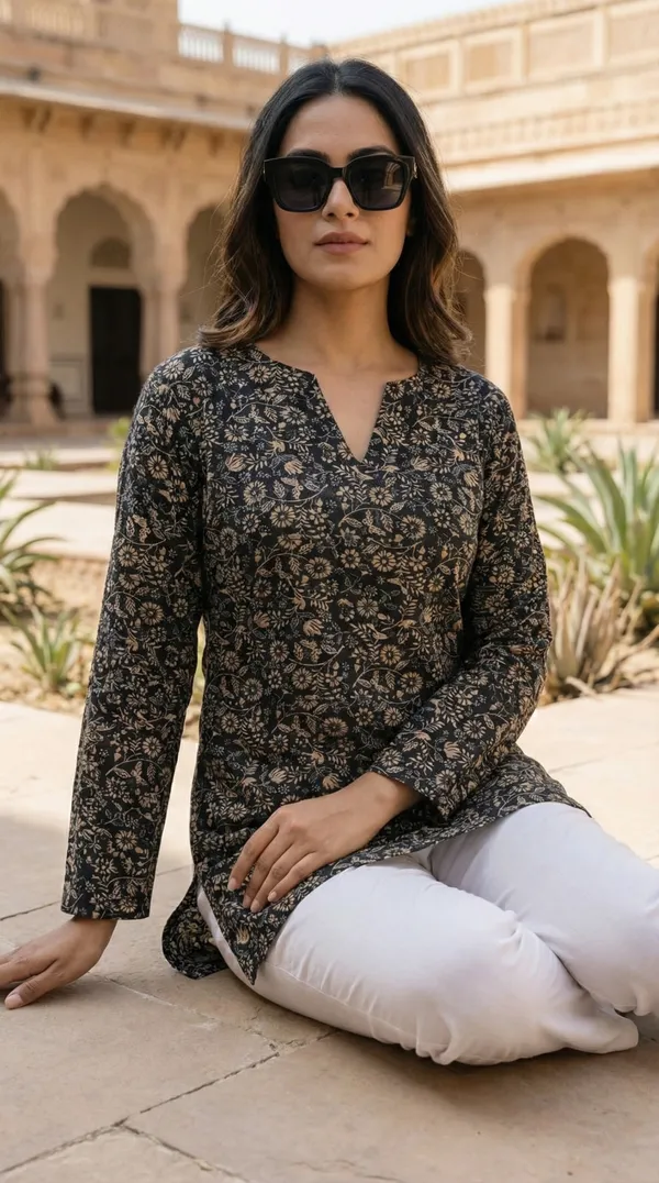 Black_Hand_Block_Printed_Pure_Cotton_Short_Kurti_For_Women