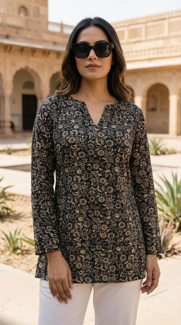Black_Hand_Block_Printed_Pure_Cotton_Short_Kurti_For_Women
