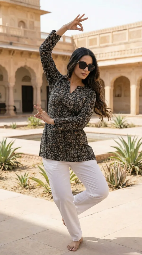 Black_Hand_Block_Printed_Pure_Cotton_Short_Kurti_For_Women