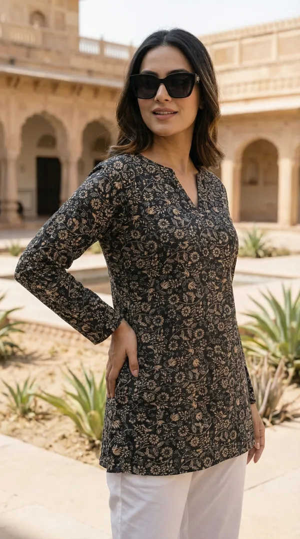 Black_Hand_Block_Printed_Pure_Cotton_Short_Kurti_For_Women