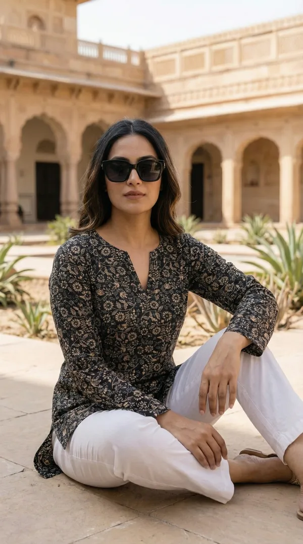 Black_Hand_Block_Printed_Pure_Cotton_Short_Kurti_For_Women