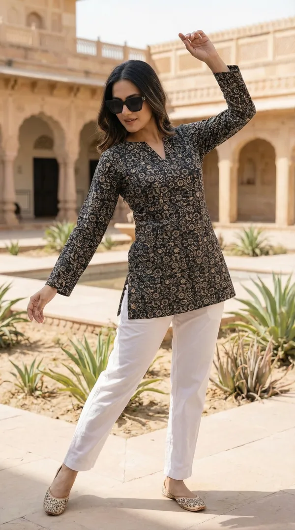 Black_Hand_Block_Printed_Pure_Cotton_Short_Kurti_For_Women