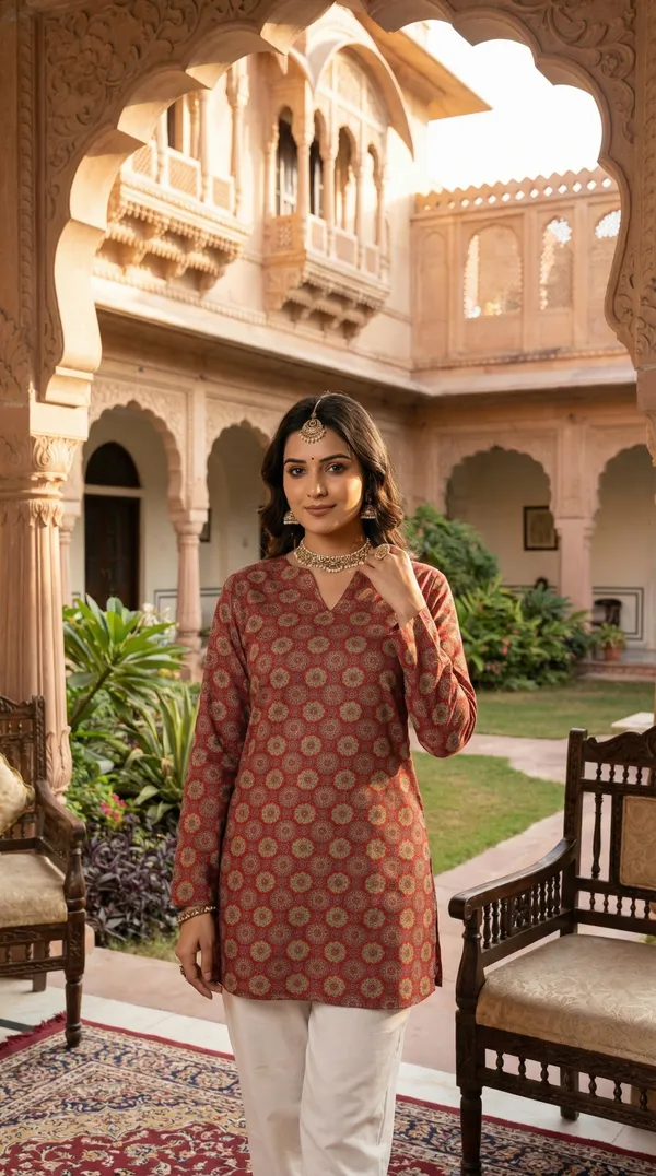 Maroon_Block_Printed_Pure_Cotton_Short_Kurti_For_Women