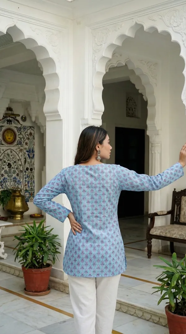 Light_Blue_Hand_Block_Printed_Pure_Cotton_Short_Kurti_For_Women