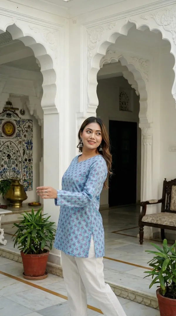 Light_Blue_Hand_Block_Printed_Pure_Cotton_Short_Kurti_For_Women