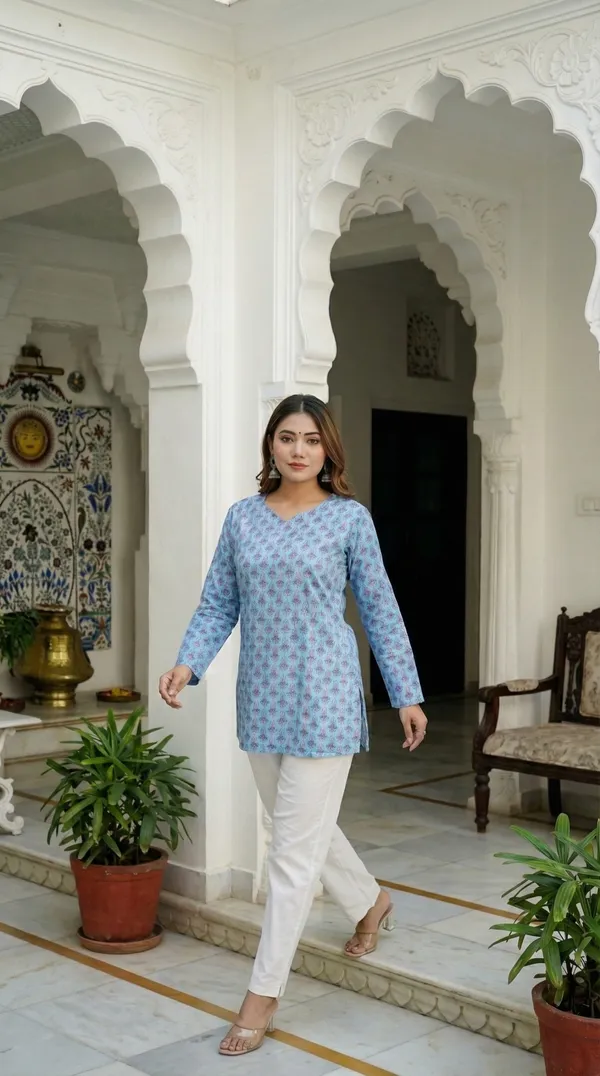 Light_Blue_Hand_Block_Printed_Pure_Cotton_Short_Kurti_For_Women