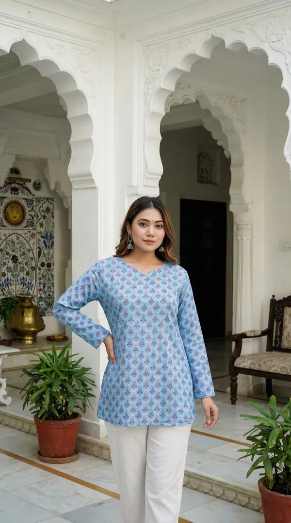 Light_Blue_Hand_Block_Printed_Pure_Cotton_Short_Kurti_For_Women
