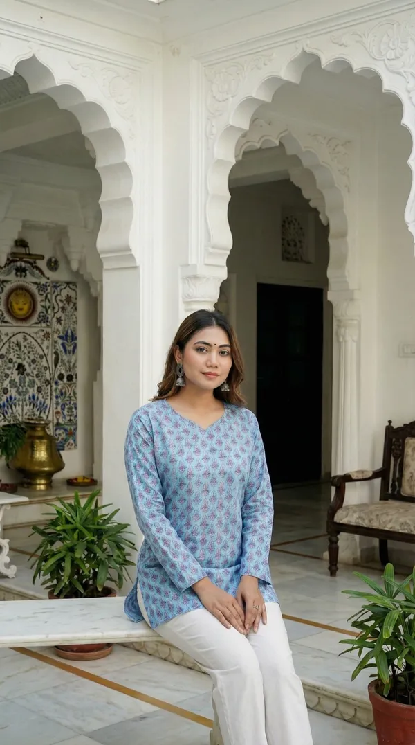 Light_Blue_Hand_Block_Printed_Pure_Cotton_Short_Kurti_For_Women