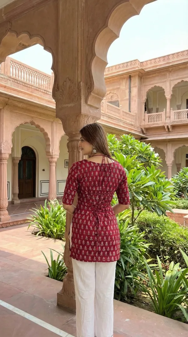 Maroon_Block_Printed_Pure_Cotton_Short_Kurti_For_Women