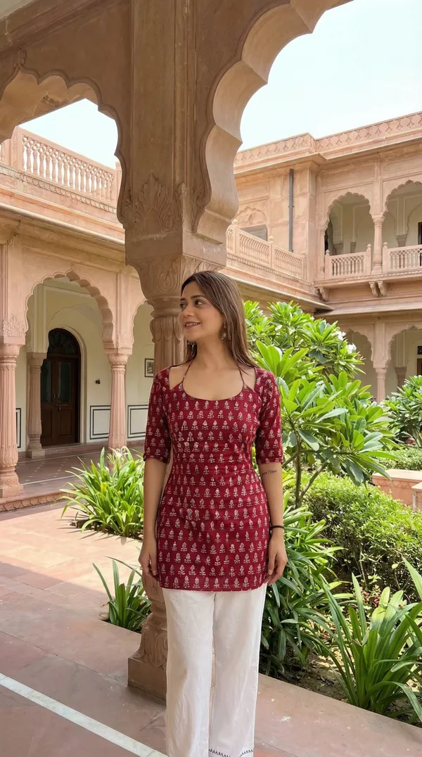 Maroon_Block_Printed_Pure_Cotton_Short_Kurti_For_Women