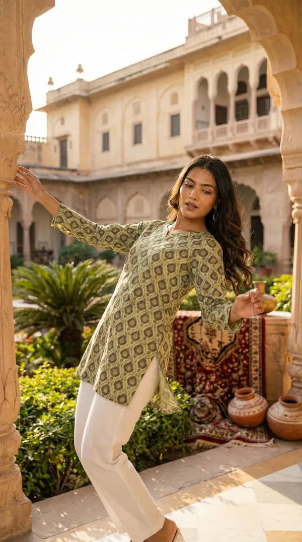 Light_Green_Block_Printed_Pure_Cotton_Short_Kurti_For_Women
