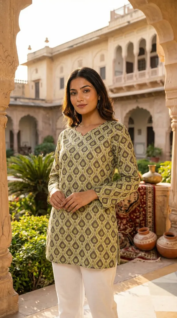 Light_Green_Block_Printed_Pure_Cotton_Short_Kurti_For_Women
