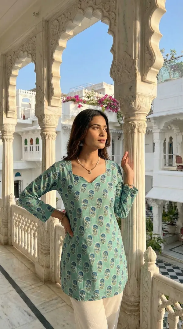 Light_Green_Hand_Block_Printed_Pure_Cotton_Short_Kurti_For_Women