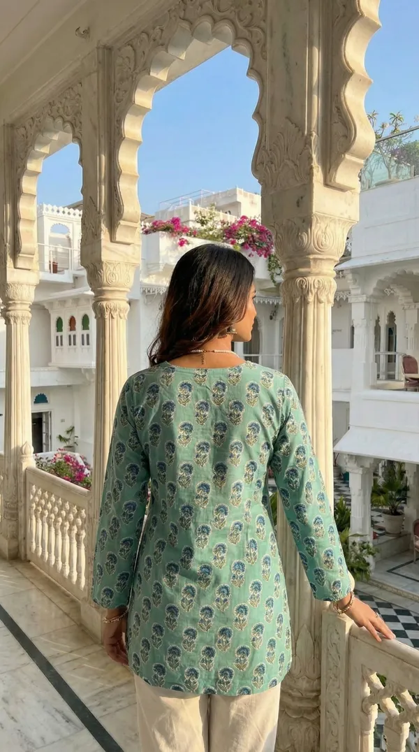 Light_Green_Hand_Block_Printed_Pure_Cotton_Short_Kurti_For_Women