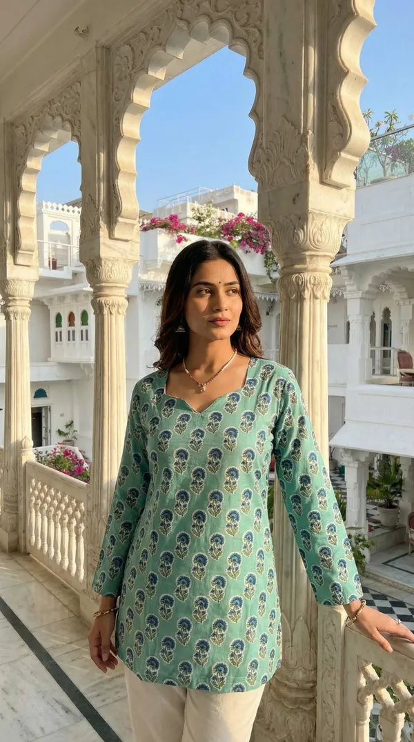 Light_Green_Hand_Block_Printed_Pure_Cotton_Short_Kurti_For_Women