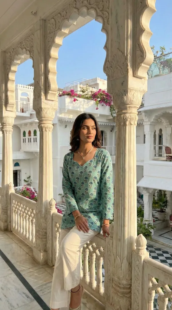 Light_Green_Hand_Block_Printed_Pure_Cotton_Short_Kurti_For_Women