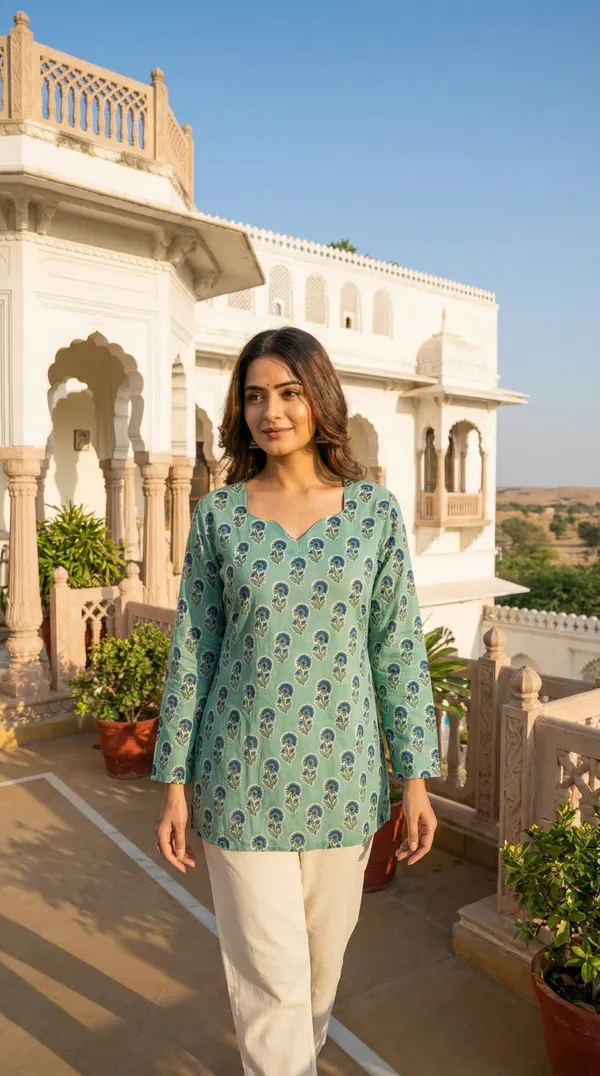 Light_Green_Hand_Block_Printed_Pure_Cotton_Short_Kurti_For_Women