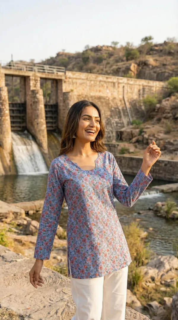 Light_Blue_Hand_Block_Printed_Pure_Cotton_Short_Kurti_For_Women