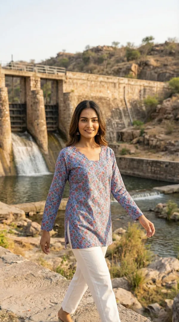 Light_Blue_Hand_Block_Printed_Pure_Cotton_Short_Kurti_For_Women