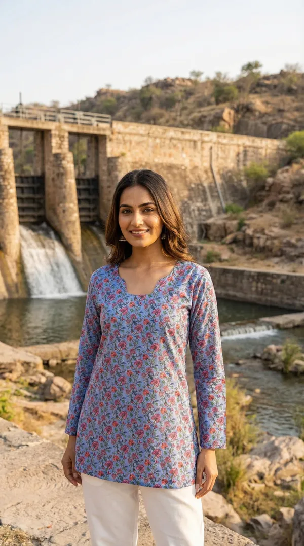 Light_Blue_Hand_Block_Printed_Pure_Cotton_Short_Kurti_For_Women
