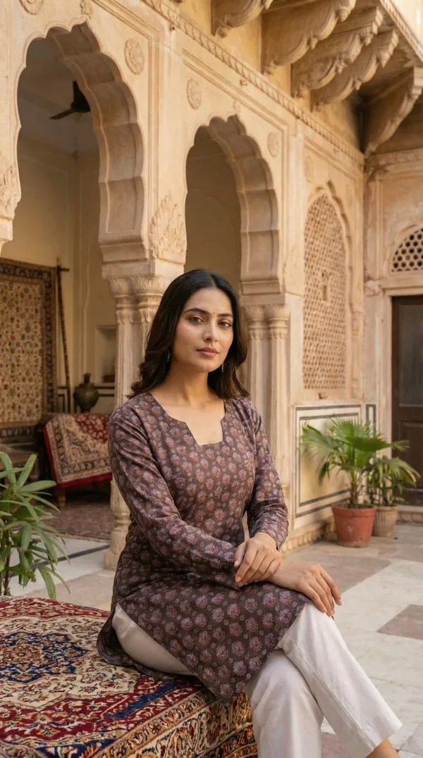 Brown_Hand_Block_Printed_Pure_Cotton_Short_Kurti_For_Women