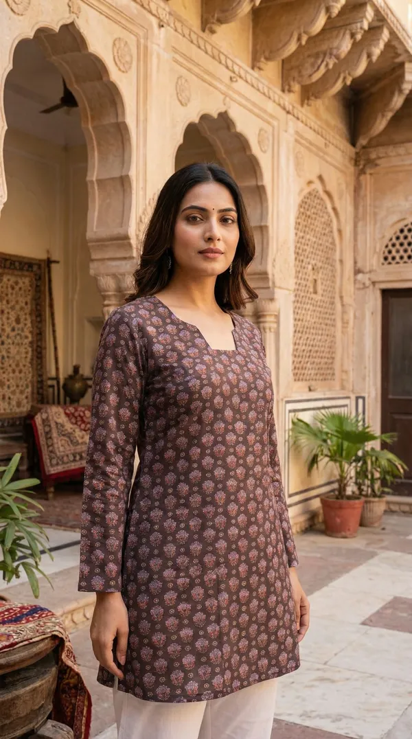 Brown_Hand_Block_Printed_Pure_Cotton_Short_Kurti_For_Women