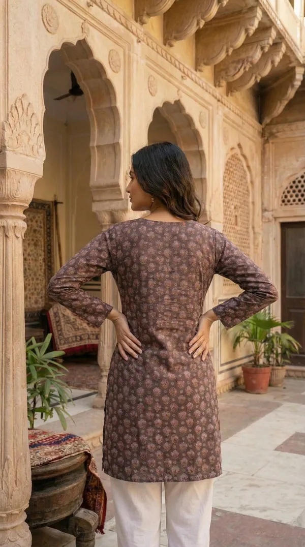 Brown_Hand_Block_Printed_Pure_Cotton_Short_Kurti_For_Women