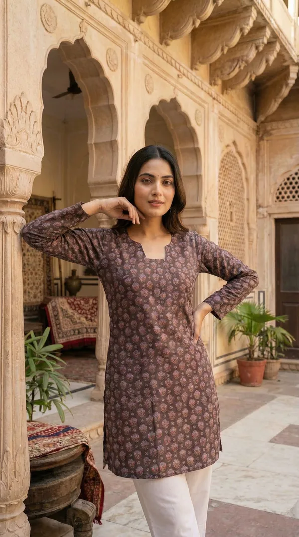 Brown_Hand_Block_Printed_Pure_Cotton_Short_Kurti_For_Women