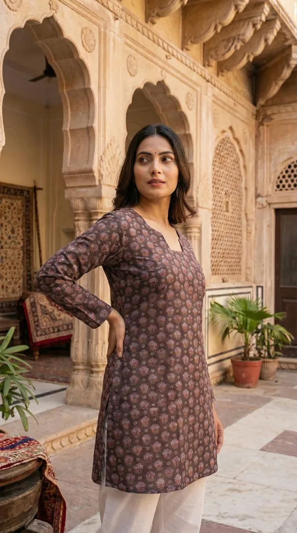 Brown_Hand_Block_Printed_Pure_Cotton_Short_Kurti_For_Women