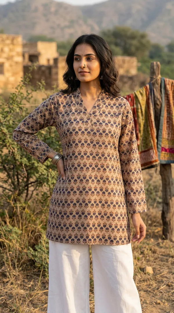 Cream_Hand_Block_Printed_Pure_Cotton_Short_Kurti_For_Women